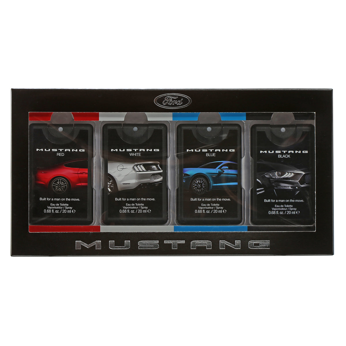 MUSTANG COFFRET 4 PC .68 OZ POCKET SPRAY RED/WHT/BLUE/BLK SET